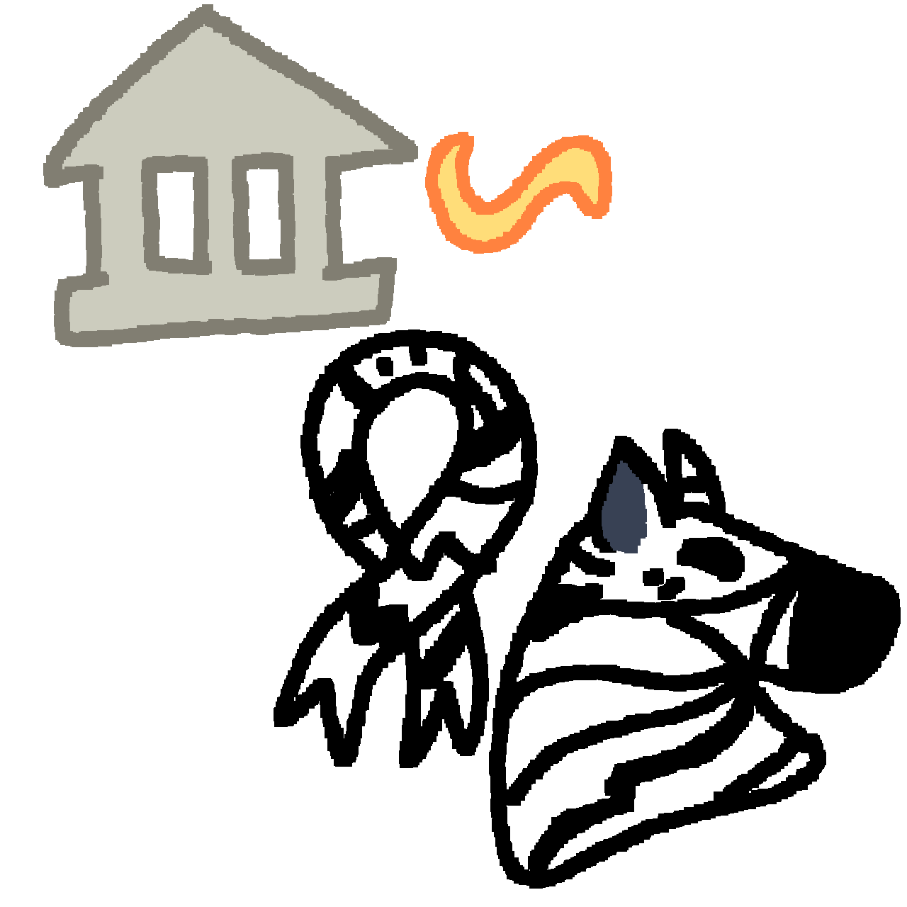 on the top is a grey classical building with an orange tilde next to it. on the bottom right corner is a white ribbon with black stripes next to the bust of a zebra, who has a white body with black stripes